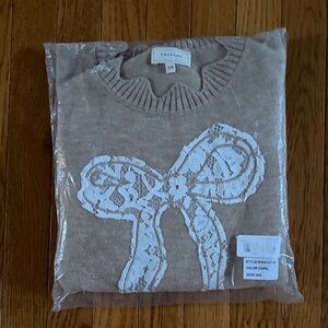 Scallop Neck Camel Sweater with White Lace Bow